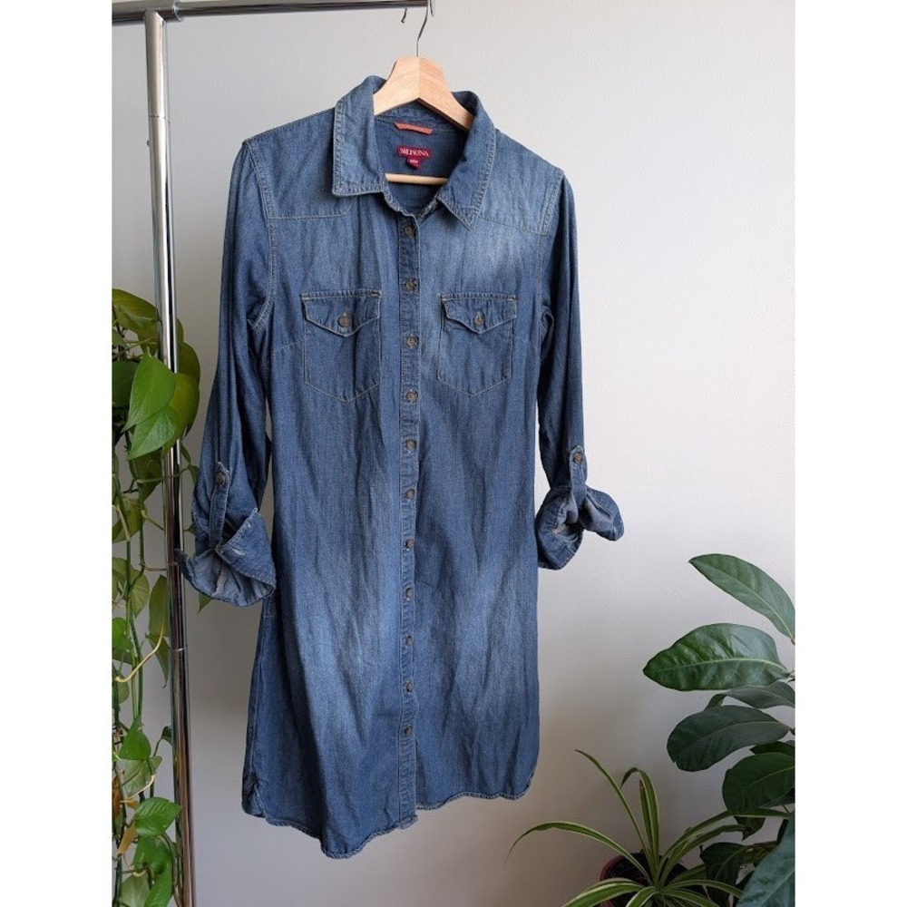 denim shirt dress 100% cotton M roll tab southwestern cowgirl country girl boho